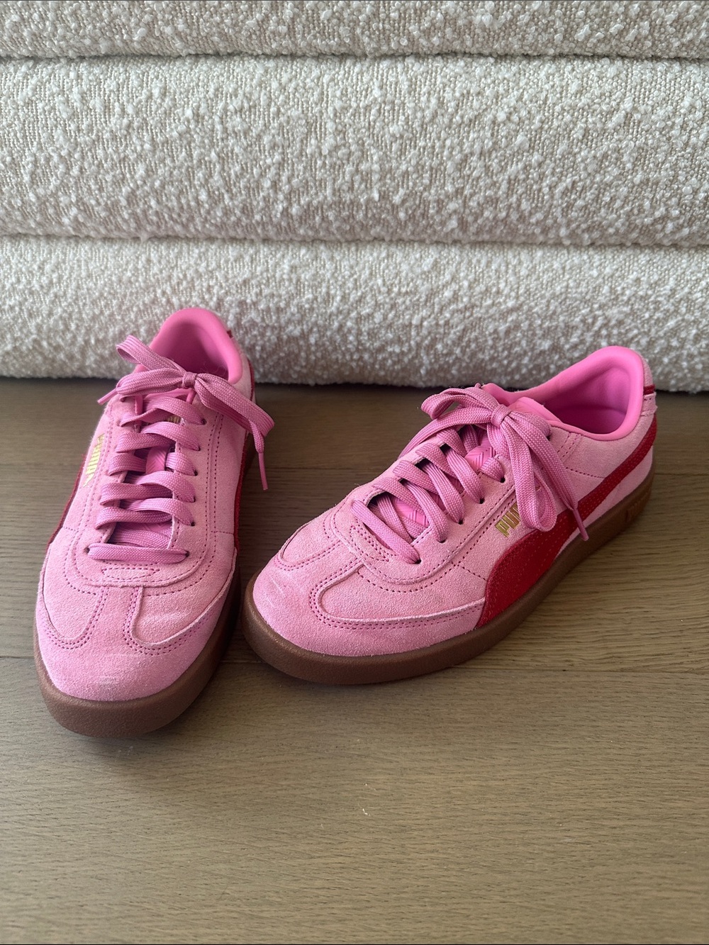 Puma Pink Suede Sneakers with Red Stripe and Gum Sole
